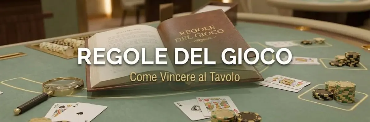 Illustrazione con un libro di regole, carte e fiches su un tavolo verde